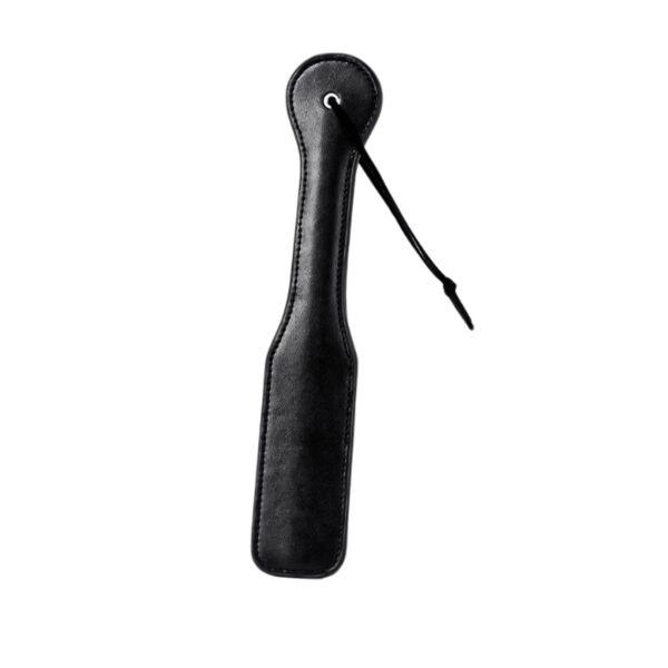 Glossy leather BDSM spanking paddle with rounded handle
