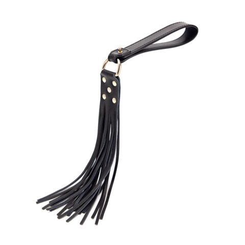 Black leather BDSM whip with sleek handle and multiple tails