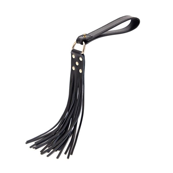 Black leather BDSM whip with sleek handle and multiple tails