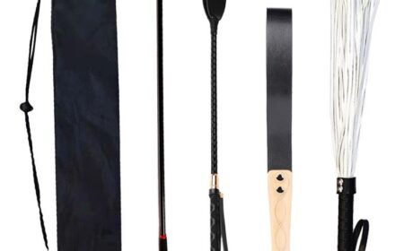 4-Piece BDSM Whip Set in Black and Neutral Tones – Flogger, Crop, Paddle, and Cane with Length Measurements