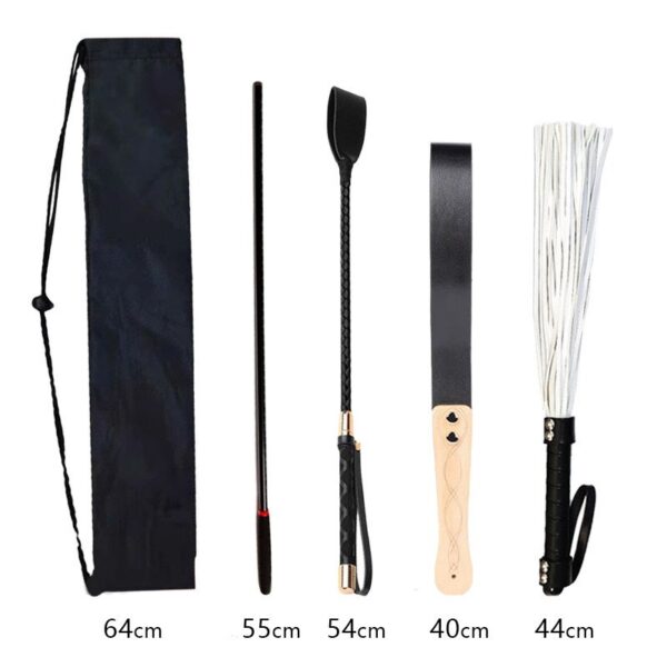 4-Piece BDSM Whip Set in Black and Neutral Tones – Flogger, Crop, Paddle, and Cane with Length Measurements