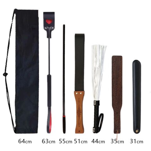 6-piece BDSM spanking paddle and riding crop kit with varied textures and lengths
