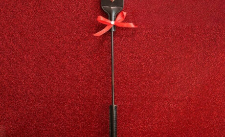 Classic BDSM whip with leather tip, metal studs and red bow on red background