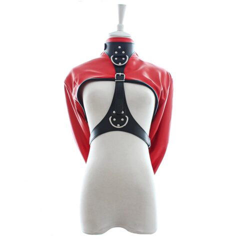 Red and black leather restraint harness jacket with bondage straps – UK BDSM gear