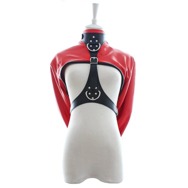 Red and black leather restraint harness jacket with bondage straps – UK BDSM gear