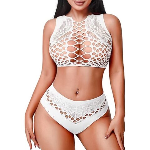Sexy Fishnet Lingerie Set with High Neck and Rhinestones