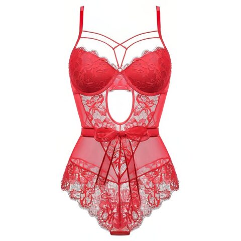 Lace Floral Bodysuit Lingerie Set with Sheer Cut-Out and Romantic Lace Design