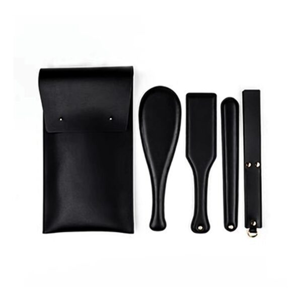 4-piece black leather spanking paddle set with pouch