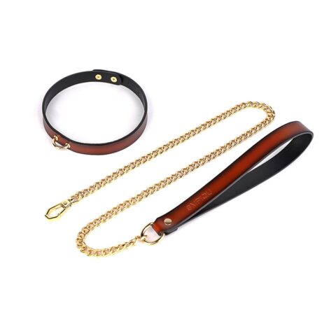 Genuine leather BDSM collar with gold chain leash