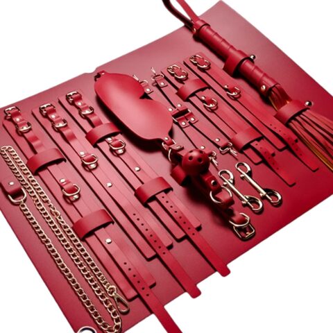 10-piece black and red BDSM bondage set with cuffs, leash, gag, and whip