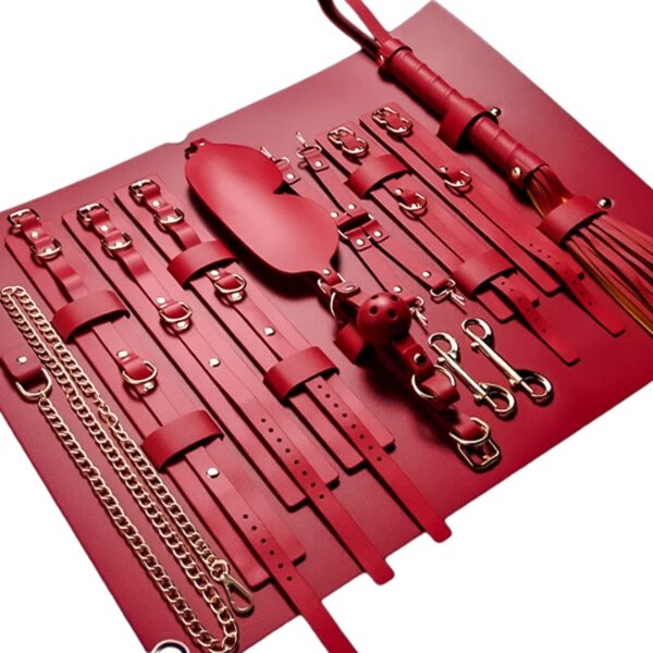 10-piece black and red BDSM bondage set with cuffs, leash, gag, and whip