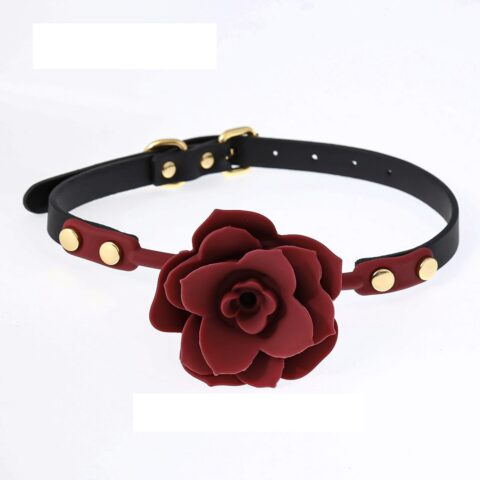 Rose-shaped ball gag with leather strap and gold studs