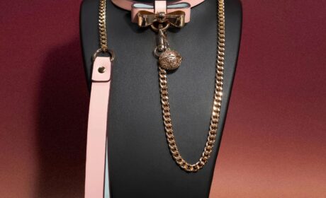 Handmade leather bow collar with gold chain leash on display