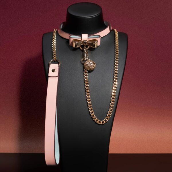 Handmade leather bow collar with gold chain leash on display