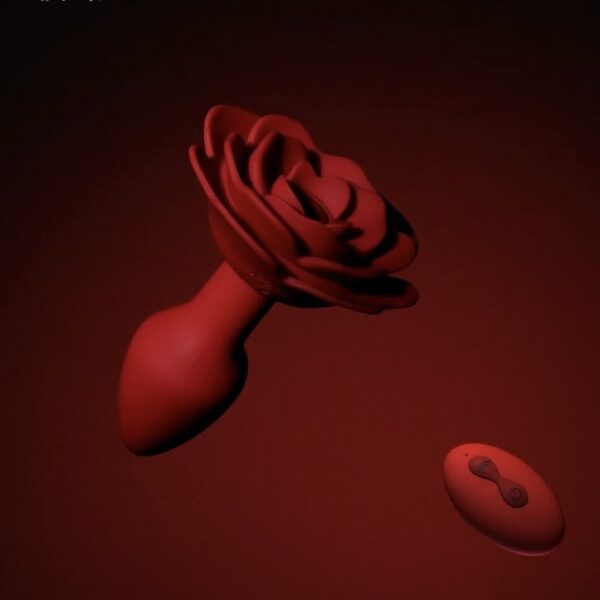 Remote-controlled rose-shaped vibrating butt plug on dark red background